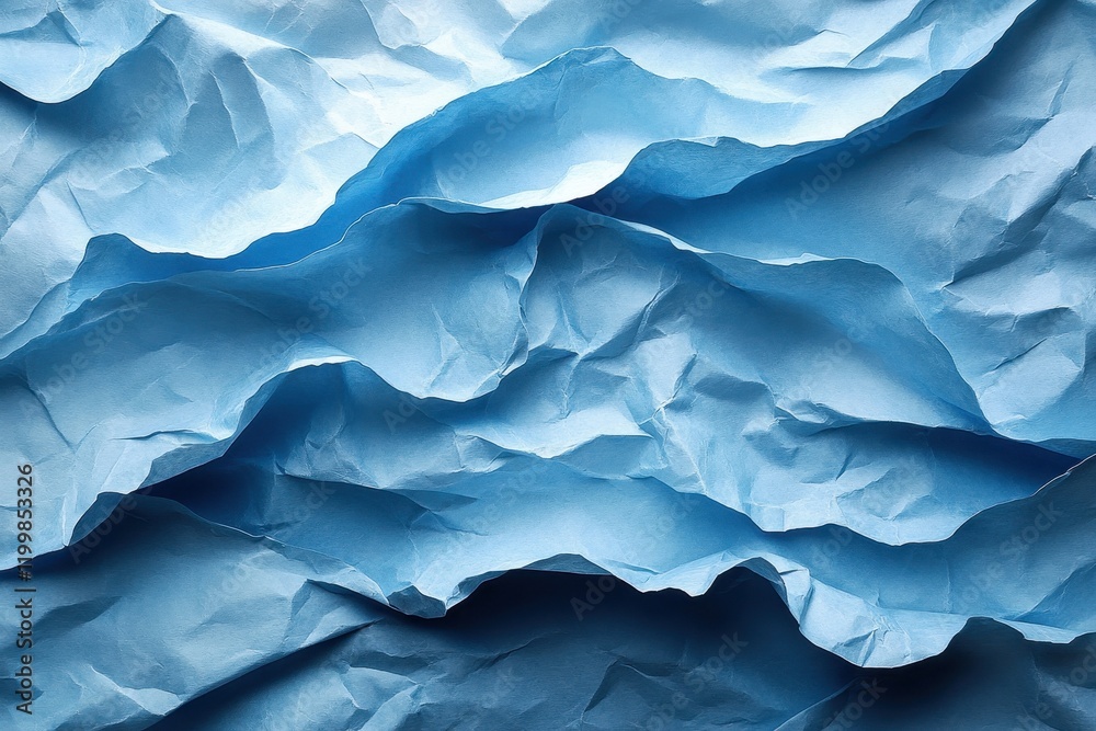 Fototapeta premium Crumpled blue paper texture creating a wave-like pattern under soft light