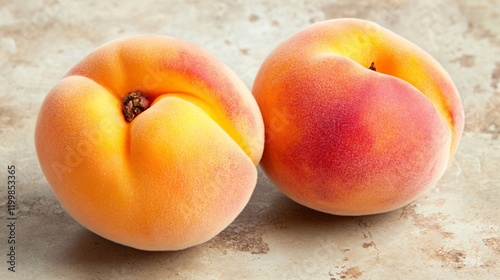 A pair of peaches with fuzzy skin and vibrant orange hues, on a minimalist beige surface photo