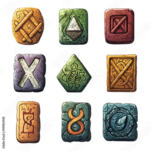 Colorful Rune Symbols on Stones Isolated with Transparent Background