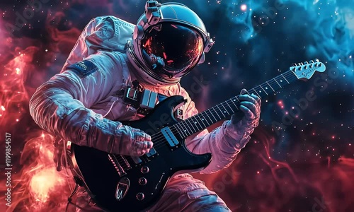 Astronaut playing guitar in space nebula
