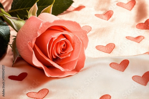 Valentine rose and love Pink rose on a textured surface with scattered heart shapes.