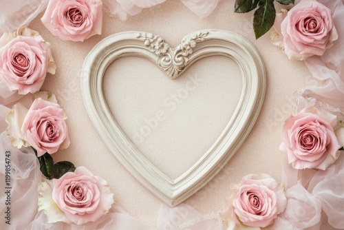 Valentine rose and love Heart-shaped frame surrounded by pink roses on a soft background.