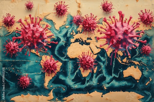 Visual representation of global pandemic impact with virus illustrations overlaying a world map