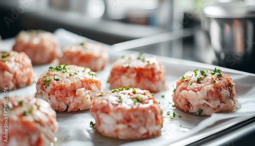 Macro closeup of raw uncooked crab crabmeat fish cakes on parchment paper of baking oven tray in kitchen with herns photo