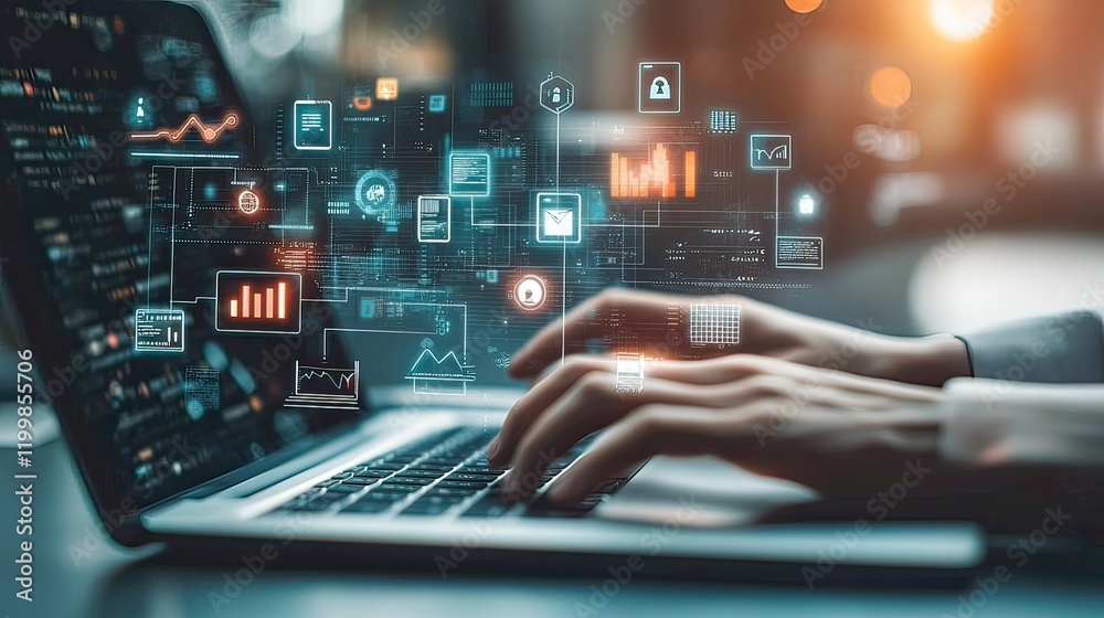 Woman using laptop, data analytics, office, night Woman using laptop, data analytics, office, night