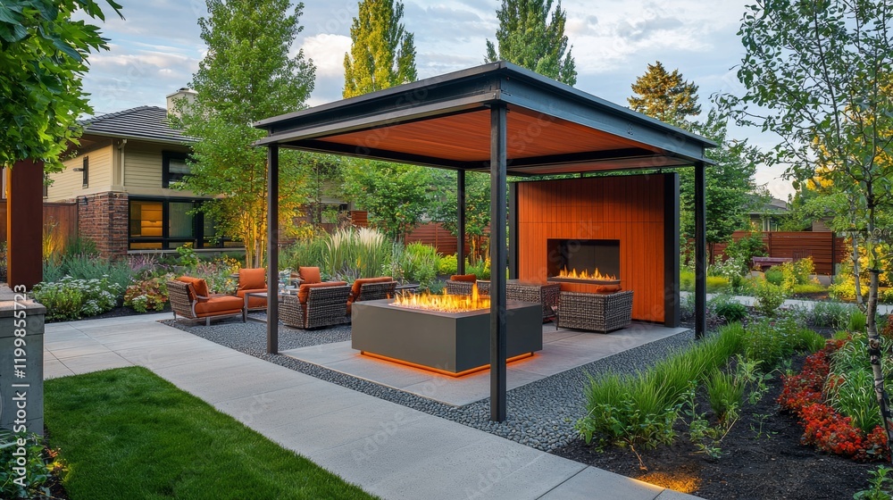 Naklejka premium Cozy outdoor lounge area with fire feature surrounded by lush greenery in residential neighborhood during late afternoon