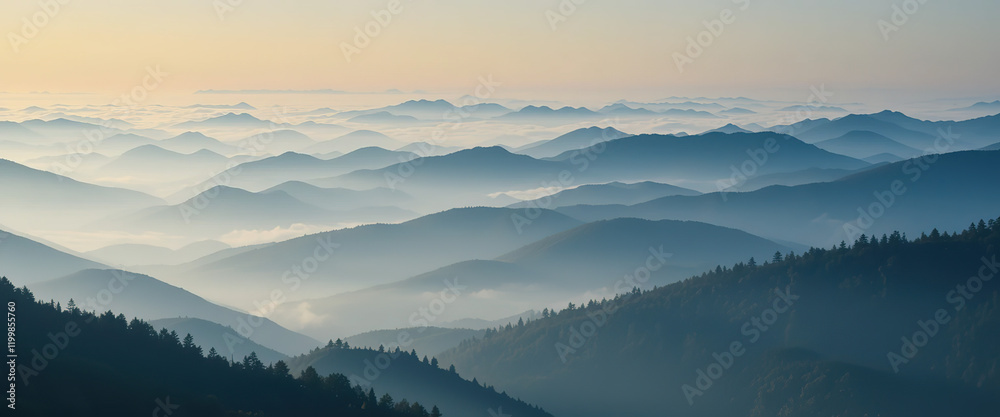 A breathtaking serene mountain range covered in mist during dawn, showcasing the tranquility and pristine nature of the landscape with soft light and shadows. Wide Background A breathtaking serene mountain range covered in mist during dawn, showcasing the tranquility and pristine nature of the landscape with soft light and shadows. Wide Background