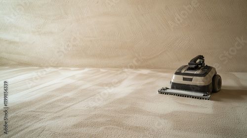 carpet cleaning machine in action on beige carpet, luxury home interior photo