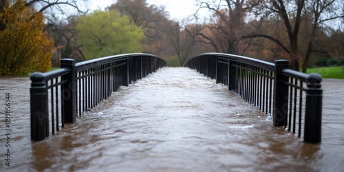 natural disaster damage, the bridge is fully submerged in floodwaters, leaving only the railings visible above the water