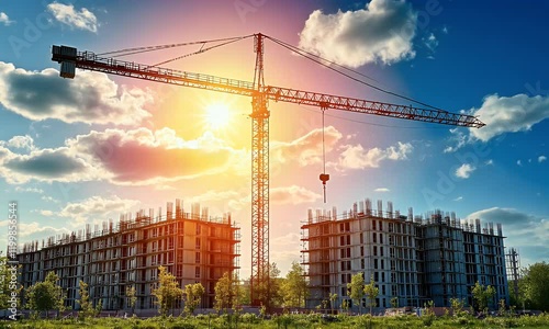 A construction site with a crane and buildings under development against a sunset backdrop.