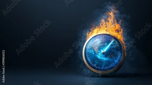 Clock engulfed in flames on a dark background, symbolizing urgency.