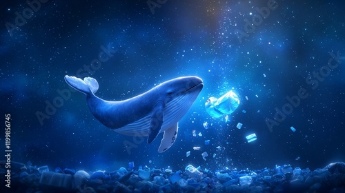 A whale glides through an underwater scene littered with garbage.