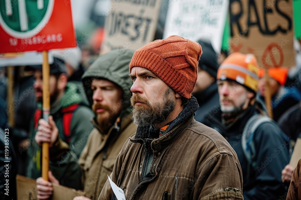 A man with a red hat and beard is holding a sign that says A man with a red hat and beard is holding a sign that says