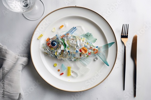A symbolic representation of ocean pollution, featuring a fish crafted from plastic waste on a dining plate, emphasizing the environmental crisis and the impact of human activities. Generative AI.