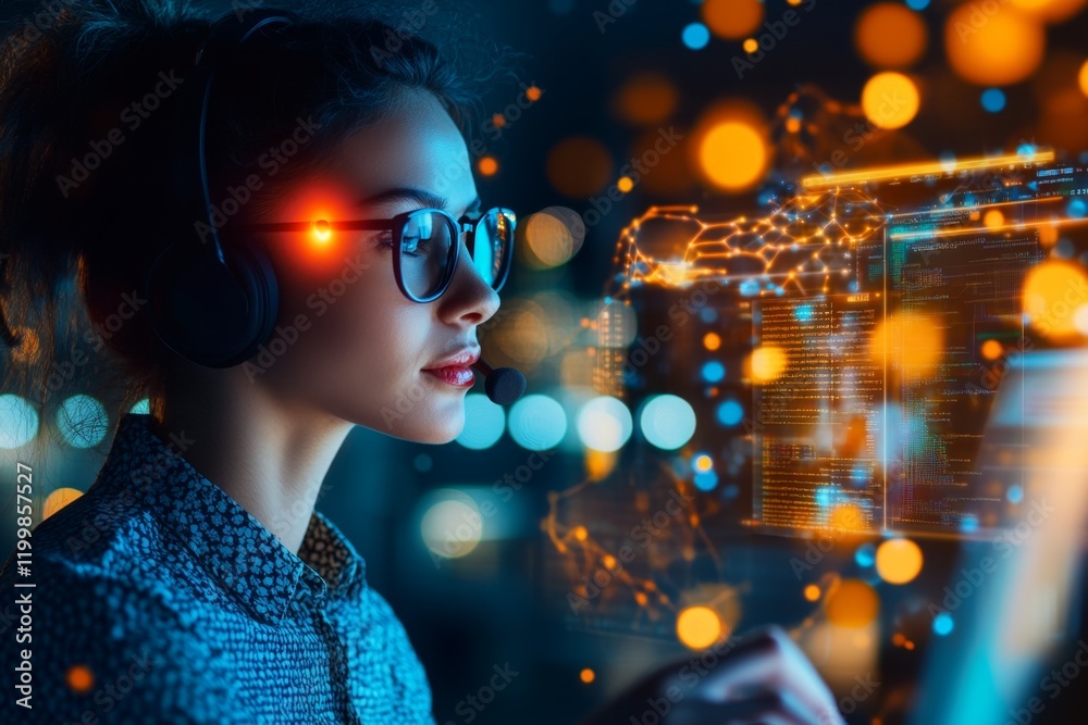A customer service representative answering calls in a brightly lit call center with rows of desks and monitors A customer service representative answering calls in a brightly lit call center with rows of desks and monitors