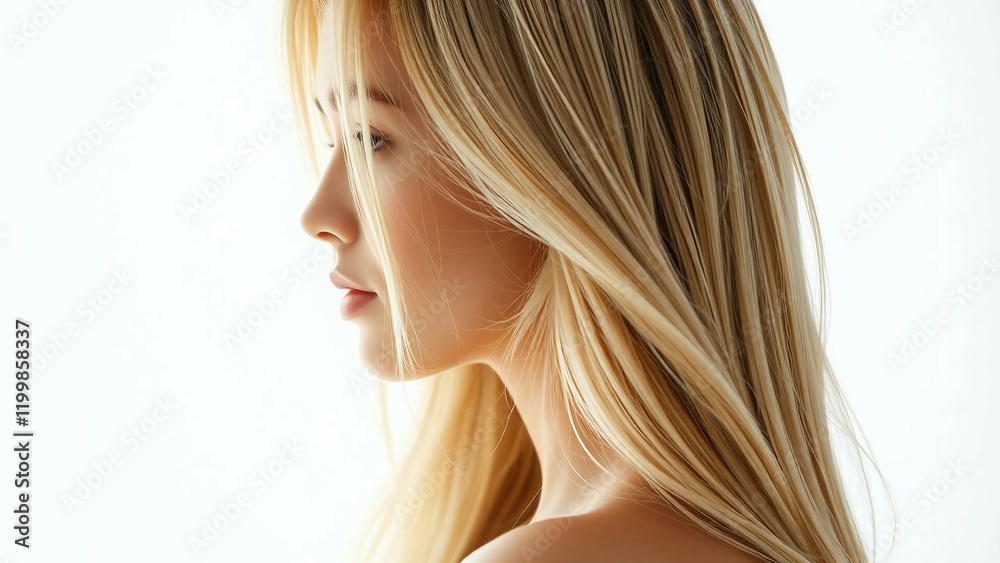 Close-up profile side view of a beautiful blonde woman isolated on transparent background