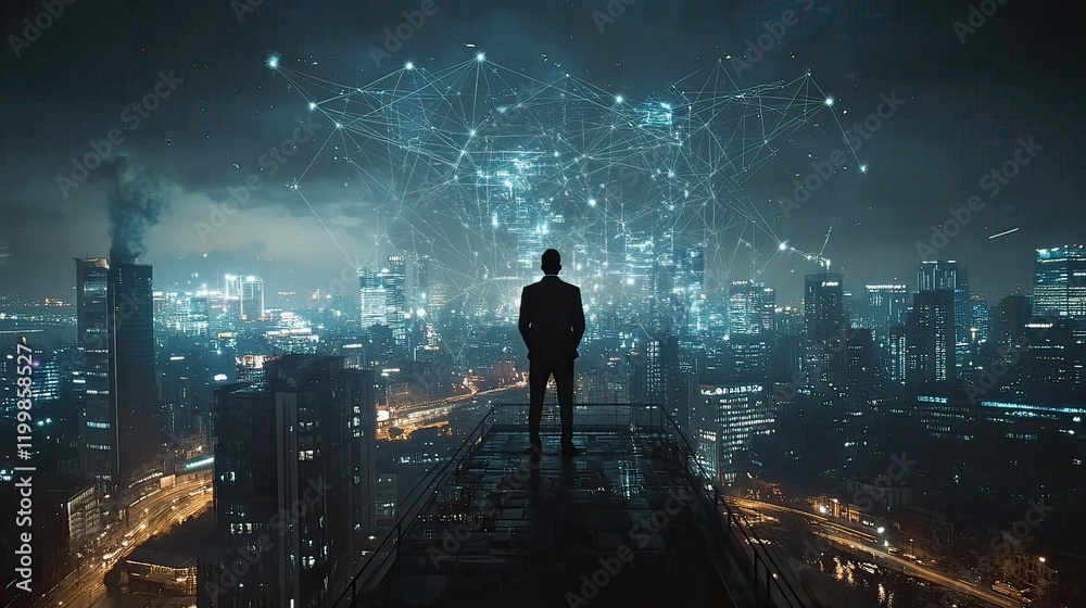Man overlooking futuristic cityscape, network connections, night Man overlooking futuristic cityscape, network connections, night