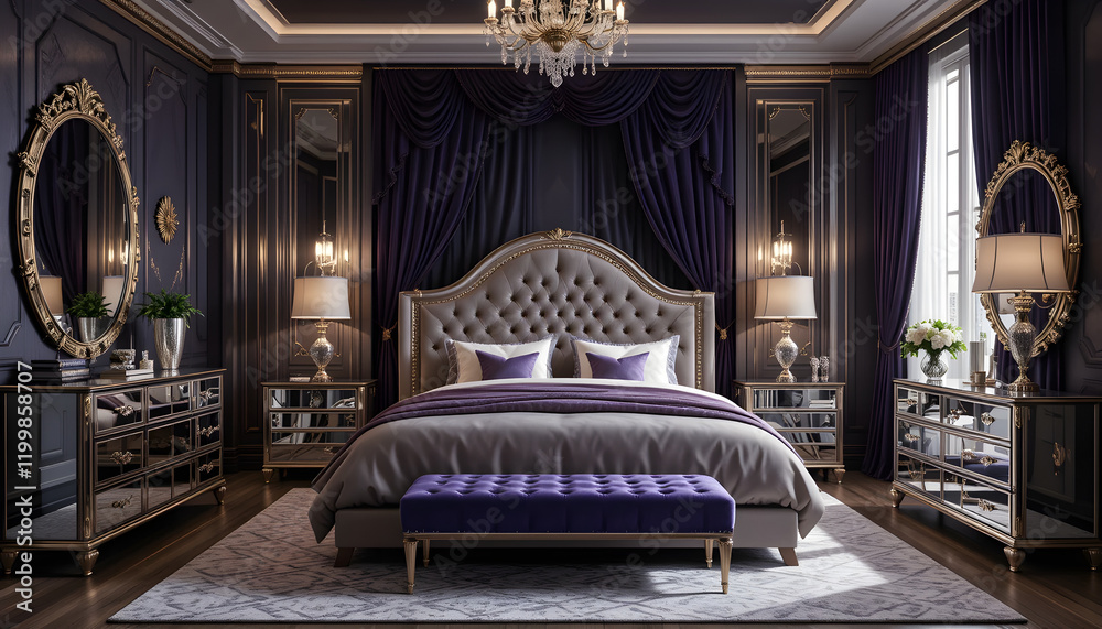 Fototapeta premium Luxury purple colour bedroom isolated 