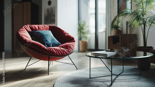 Cozy modern living room setup featuring a stylish red chair and decorative coffee table with sunlight illuminating the space