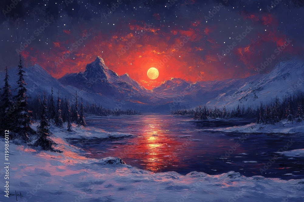 Obraz premium Majestic sunset over serene snow-covered mountains and a tranquil lake during winter evening