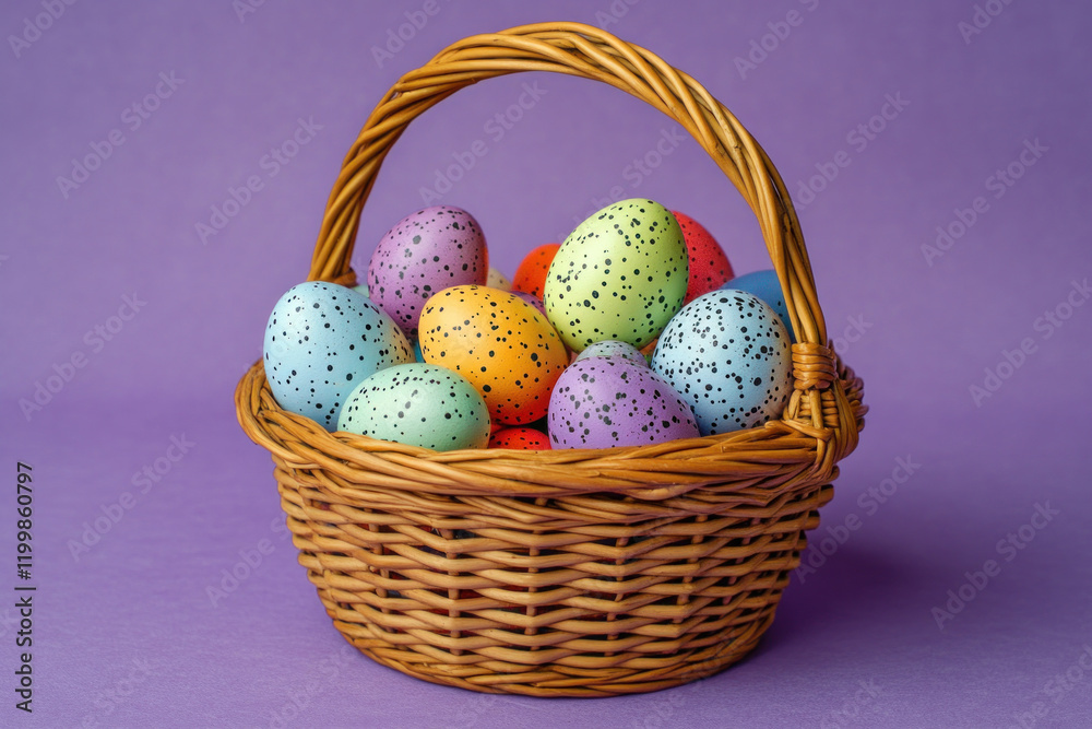Fototapeta premium Colorful easter eggs in a basket on green grass field with daisies and a blue sky in the background.