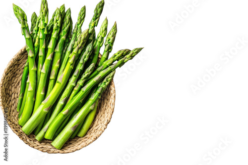 Fresh green asparagus arranged in a woven basket on a white surface with natural lighting