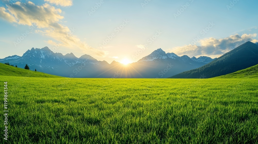 Fototapeta premium Realistic photo of an alpine meadow at dawn with soft pastel clouds golden sunlight and tranquil snow capped peaks creating an elegant and serene backdrop 