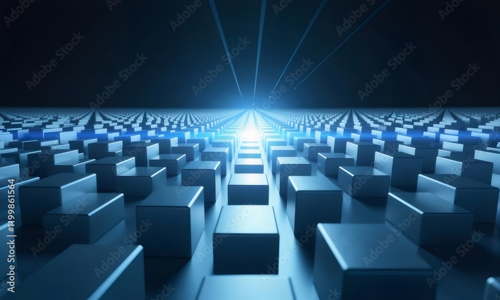 Blue Cubes, Glowing Path, Abstract, Technology Background. Blue Cubes, Glowing Path, Abstract, Technology Background.