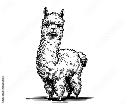alpaca illustration in vintage hand-drawn engraving style