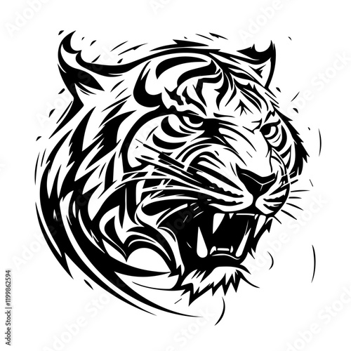 fierce tiger head illustration, black and white tribal style design