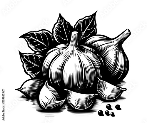 garlic bulbs and cloves with leaves, black and white hand-drawn illustration