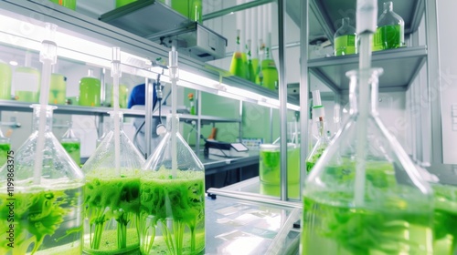 A sophisticated industrial biotechnology production facility with engineers scaling up production of biofuels from algae for sustainable energy solutions, Biotechnology production facility scene