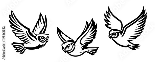 three flying owls illustration in vintage engraving style design
