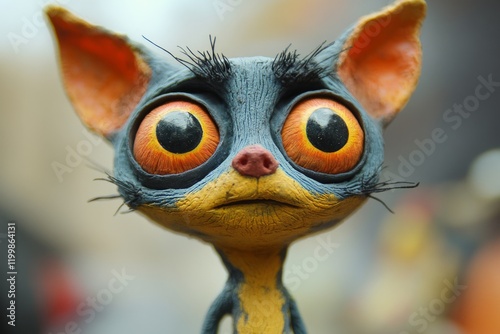 Close-up of a whimsical, handcrafted clay feline character, showcasing vibrant colors and exaggerated features photo