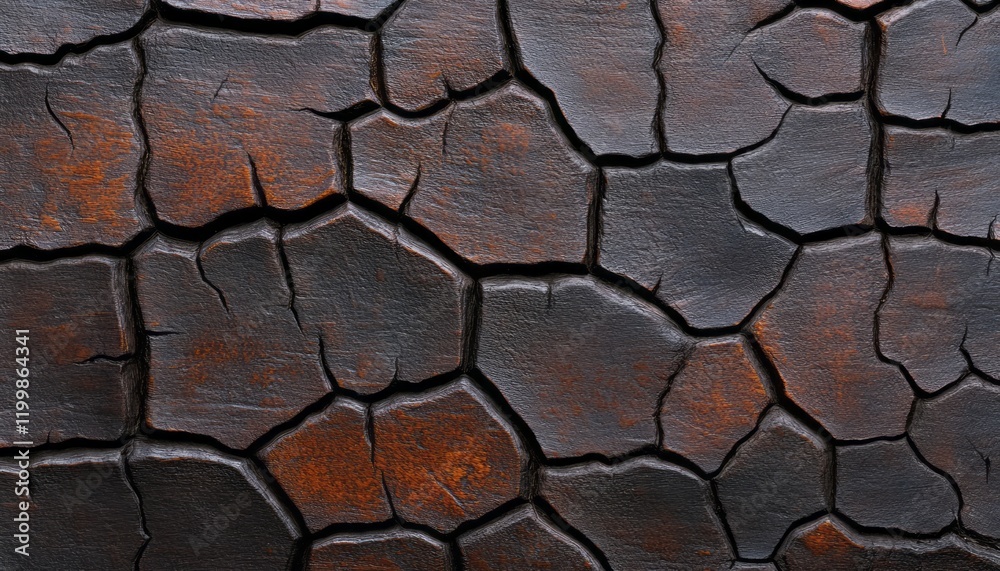Naklejka premium Surface displays intricate cracks and rust patterns resulting from fire damage