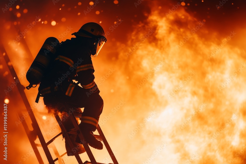 Fototapeta premium A firefighter climbing a ladder to rescue a person from a burning building, with smoke and flames in the background