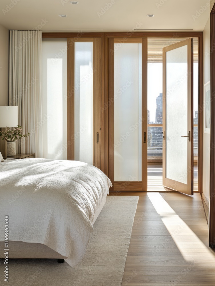Fototapeta premium Modern Bedroom with Wooden Doors and City View