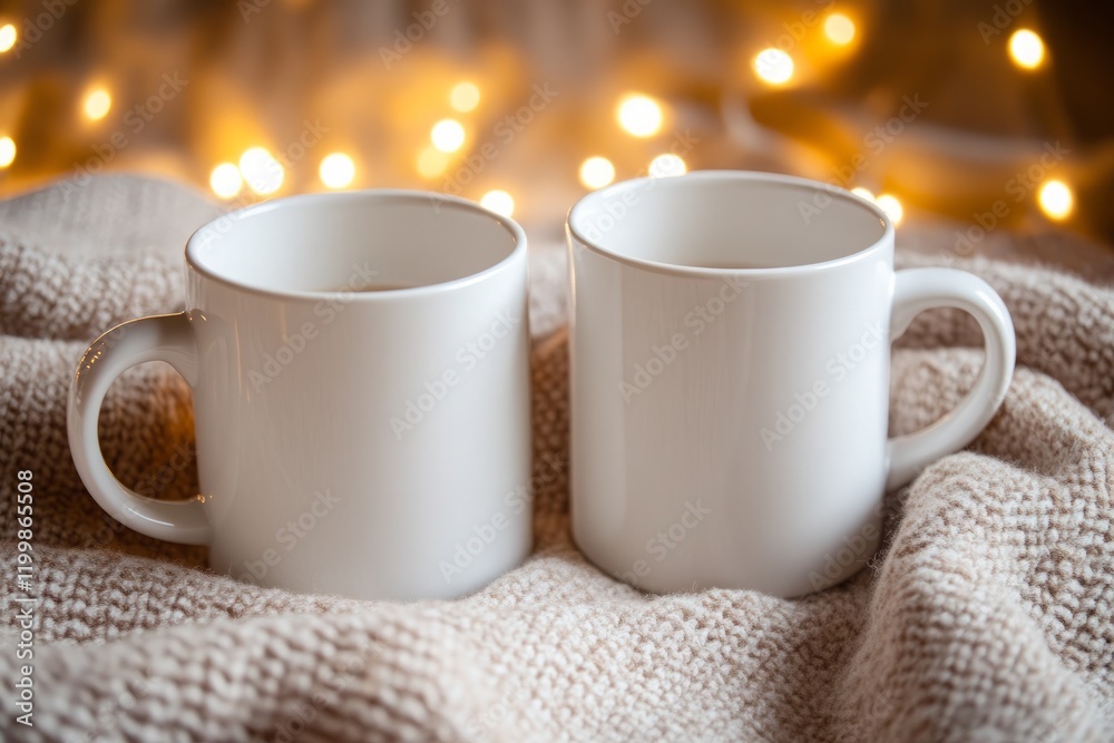 Cozy Scene with Two Blank Mugs on Knit Fabric and Twinkling Lights Cozy Scene with Two Blank Mugs on Knit Fabric and Twinkling Lights