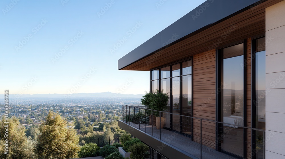 Sustainable community through innovation for well-being Modern balcony with scenic view of the landscape and mountains. Sustainable community through innovation for well-being Modern balcony with scenic view of the landscape and mountains.