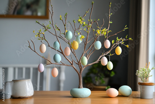 Small tree adorned with colorful eggs, standing out against a bright blue sky.