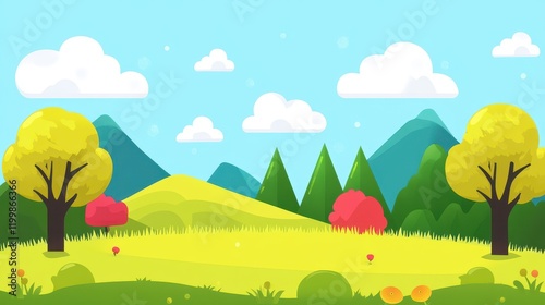 Idyllic Spring Landscape With Yellow And Red Trees