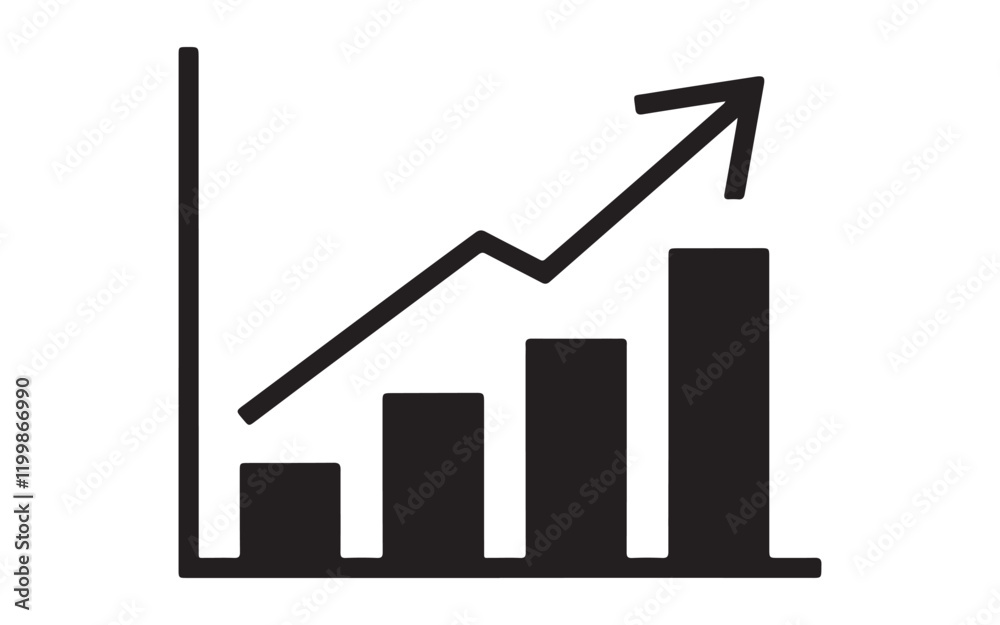 Single black arrow growing pointing up on chart graph bars icon, success graph trending upwards flat design interface infographic element for app ui ux web button, vector isolated on white background Single black arrow growing pointing up on chart graph bars icon, success graph trending upwards flat design interface infographic element for app ui ux web button, vector isolated on white background