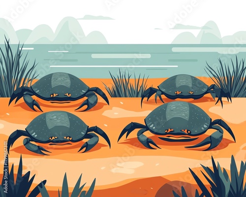 Three crabs in a tranquil wetland at sunset. photo