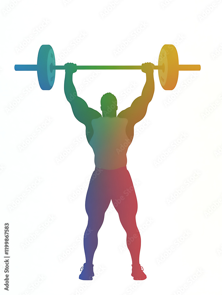 Obraz premium Powerful weightlifter silhouette, vibrant rainbow color gradient, overhead barbell press, strong muscles, fitness, strength, workout, gym.