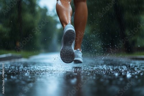 Close-up of running shoes splashing in puddle on rainy day