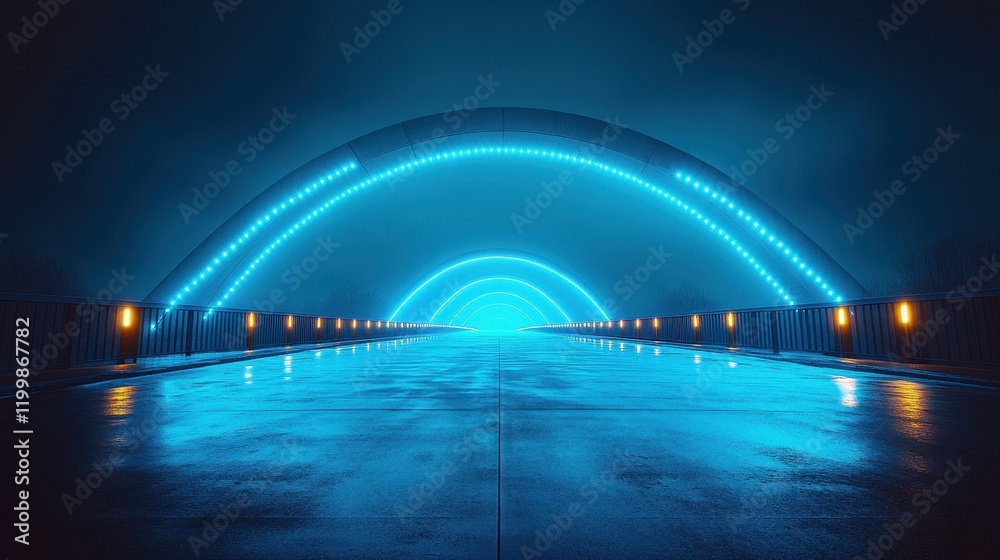 Obraz premium A futuristic tunnel illuminated with blue lights, reflecting on a wet surface.