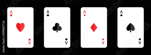 Four aces icon. Playing card set. Poker cards suits. Hearts, clubs, diamonds, spades ace shadow. Winning poker hand. Las Vegas Casino gambling concept. Flat design. Isolated. Black background. Vector