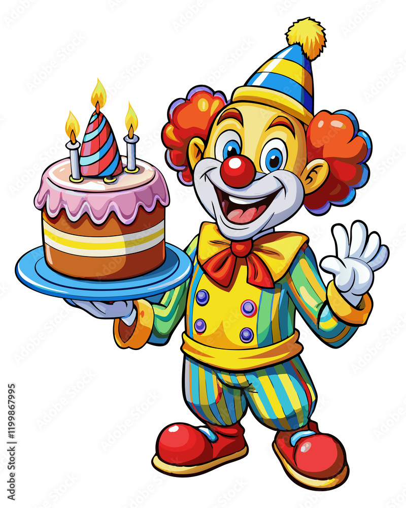 Clown with a party birthday cake for a fun-filled day Clown with a party birthday cake for a fun-filled day