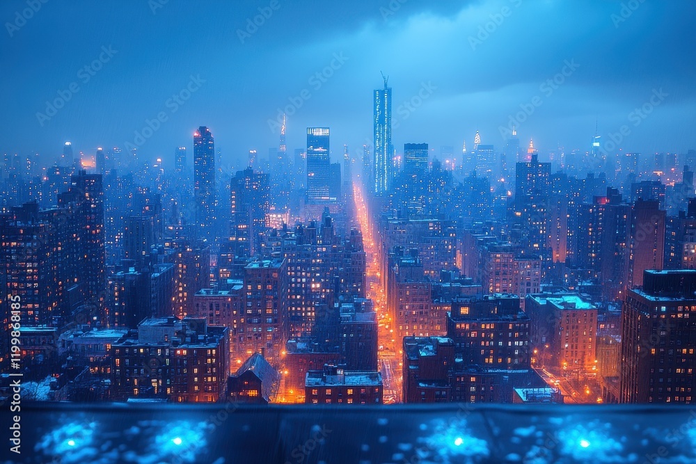 Fototapeta premium Nightfall over a vibrant urban skyline showcases glowing city streets and towering buildings under a moody blue sky