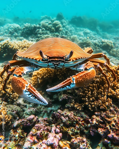 Large orange crab on coral reef